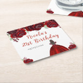 Brown Hair Princess Red Floral Birthday スクエアペーパーコースター (アングル)