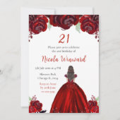 Brown Hair Princess Red Floral Birthday Party 招待状 (正面)