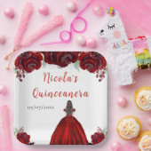 Brown Hair Princess Red Floral Quinceanera ペーパープレート (パーティー)