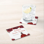 Brown Hair Princess Red Floral Sweet Sixteen  スクエアペーパーコースター (インサイチュ)