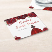 Brown Hair Princess Red Floral Sweet Sixteen  スクエアペーパーコースター (アングル)