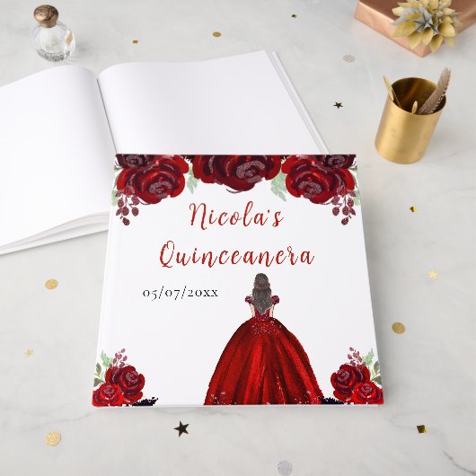 Brown Hair Princess Red Quinceanera Guest Book ゲストブック (正面見開き)