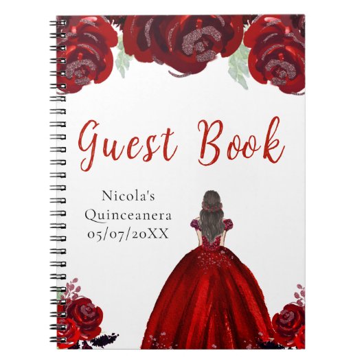 Brown Hair Princess Red Quinceanera Guest Book ノートブック (正面)