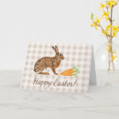 Brown Hare And Carrots Beige Gingham Happy Easter カード (黄色い花)