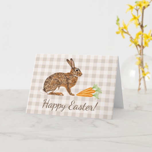 Brown Hare And Carrots Beige Gingham Happy Easter カード (黄色い花)
