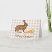 Brown Hare And Carrots Beige Gingham Happy Easter カード (正面)