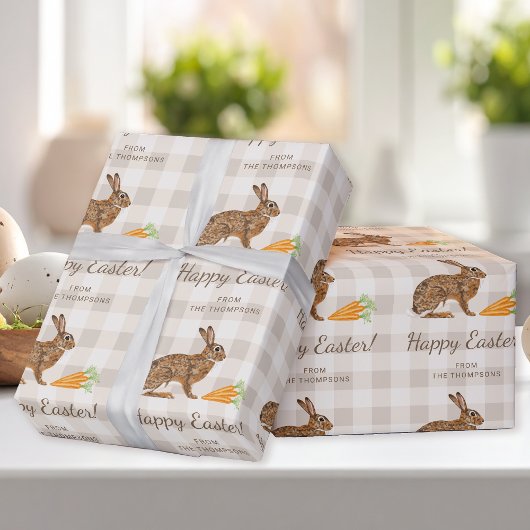 Brown Hare And Carrots Happy Easter Beige Gingham ラッピングペーパー