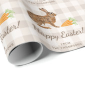 Brown Hare And Carrots Happy Easter Beige Gingham ラッピングペーパー (ロールコーナー)