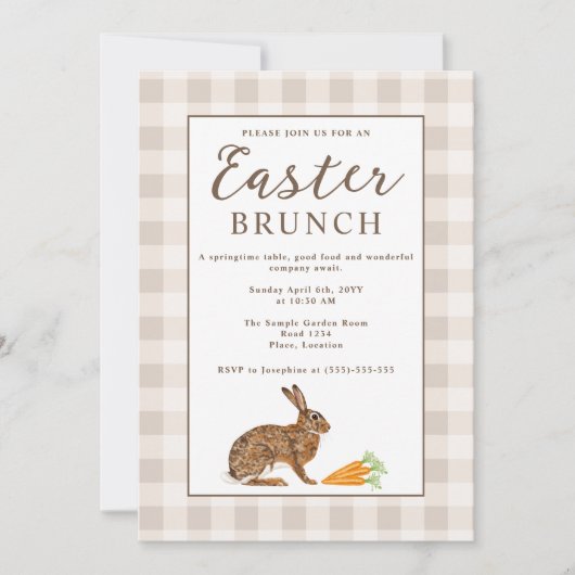 Brown Hare Beige Gingham Rustic Easter Brunch 招待状 (正面)