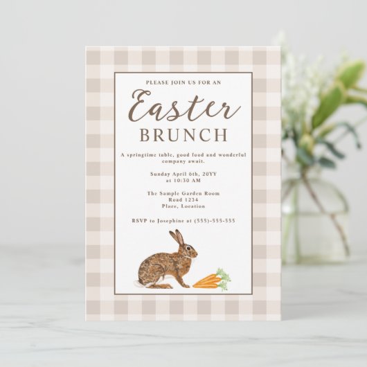 Brown Hare Beige Gingham Rustic Easter Brunch 招待状 (スタンド正面)