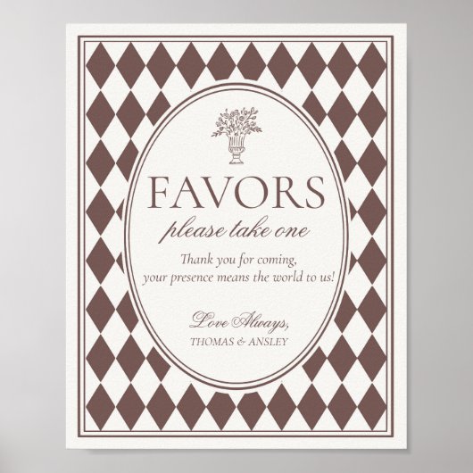 Brown Harlequin Checkered Wedding Favors Sign ポスター (正面)