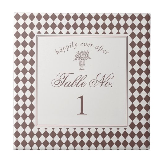 Brown Harlequin Checkered Wedding Table Number タイル (正面)