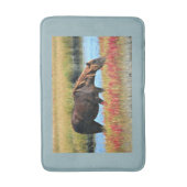 Brown Horse Grazing with Blue Water Border バスマット (正面縦)