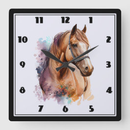 Brown Horse Head Portrait in Watercolor スクエア壁時計