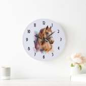 Brown Horse Head Portrait in Watercolor ラージ壁時計 (ホーム)