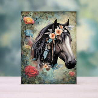  Brown horse in flowers. アクリルサイン