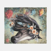  Brown horse in flowers. フリースブランケット (正面(横))