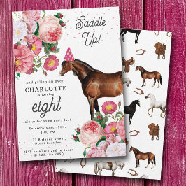 Brown Horse Pink Floral Girl Cowgirl Birthday 招待状