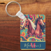 Brown Horses onカラフルパターン名Keychain キーホルダー (正面)