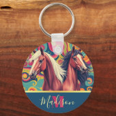 Brown Horses onカラフルパターン名Keychain キーホルダー (正面)