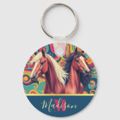 Brown Horses onカラフルパターン名Keychain キーホルダー (裏面)