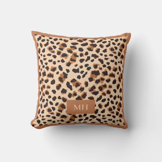 Brown Leopard Pattern Modern Initials Monogram クッション (正面)