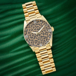 Brown Leopard Print Minimalist Analog Roman Numera 腕時計