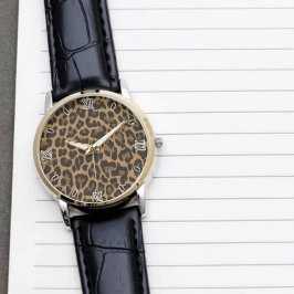 Brown Leopard Print Minimalist Analog Roman Numera 腕時計