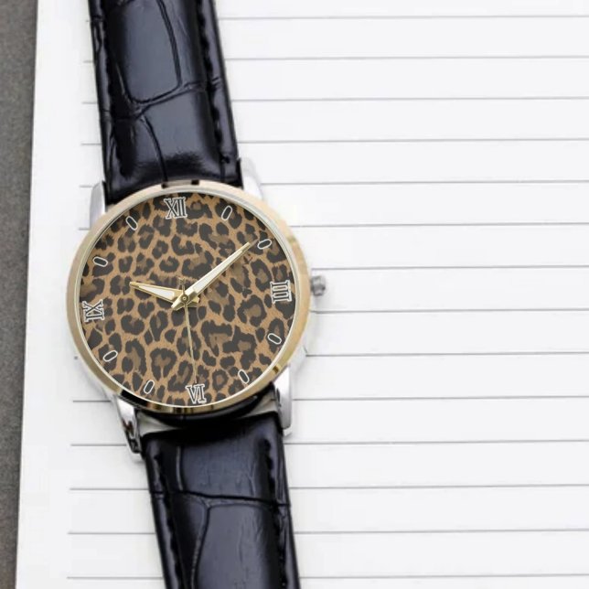 Brown Leopard Print Minimalist Analog Roman Numera 腕時計 (クリエイターアップロード済み)