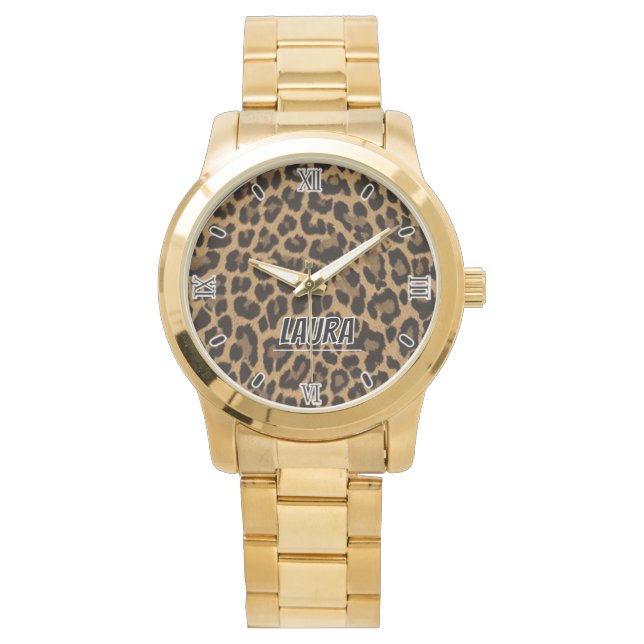 Brown Leopard Print Minimalist Analog Roman Numera 腕時計 (正面)