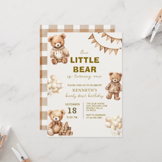 Brown Little Bear is Turning One Birthday Party 招待状 (正面/裏面インサイチュ)