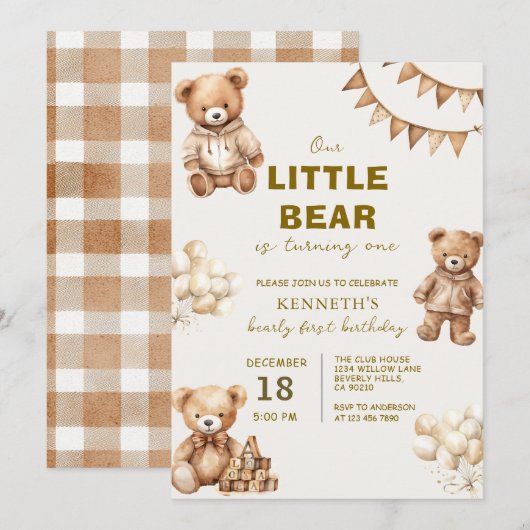 Brown Little Bear is Turning One Birthday Party 招待状 (正面/裏面)