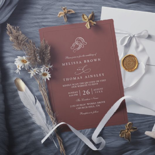 Brown Minimalist Horseshoe Rustic QR Code Wedding 招待状