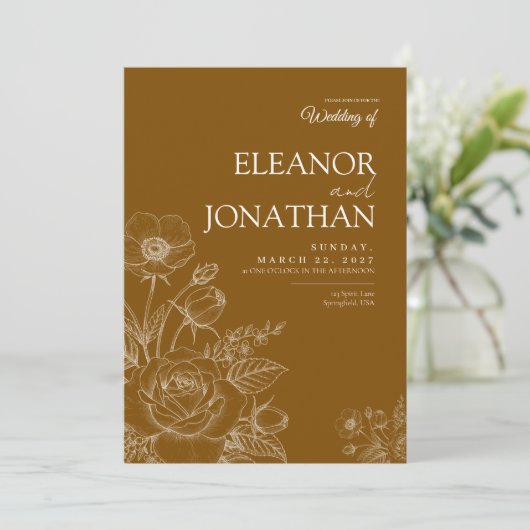 Brown Minimalist Rustic Floral Elegant Wedding  招待状 (スタンド正面)