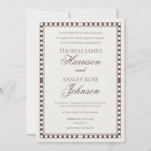 Brown Mocha Harlequin Checkered Wedding 招待状 (正面)