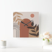 Brown Modern Boho Abstract Botanical Square Clock スクエア壁時計 (ホーム)