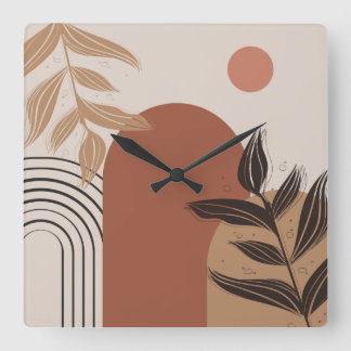 Brown Modern Boho Abstract Botanical Square Clock スクエア壁時計