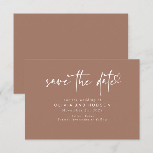 Brown Modern Minimalist Heart Script Typography セーブザデート (正面/裏面)