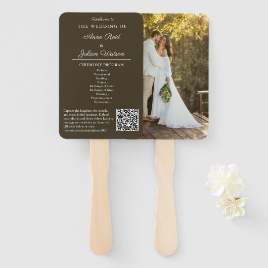 Brown Modern Wedding Ceremony Program Hand fans ハンドファン (正面&裏面)