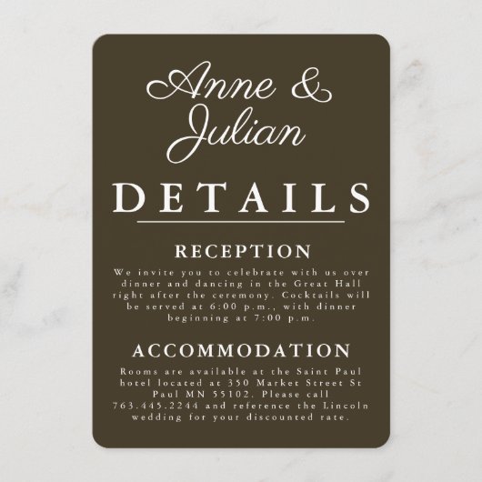 Brown Modern Wedding Details Card Insert QR Code エンクロージャーカード (正面)