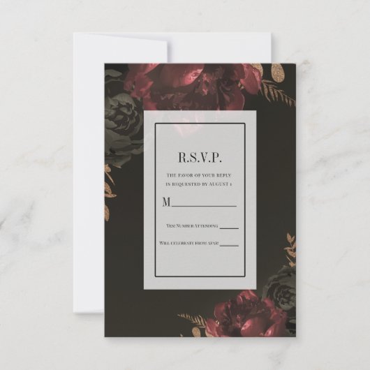 Brown Moody Darkフローラ金ゴールド緑RSVP返信 招待状 (正面)
