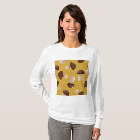 Brown Mushroom Pattern on Mustard Yellow Tシャツ (正面フル)