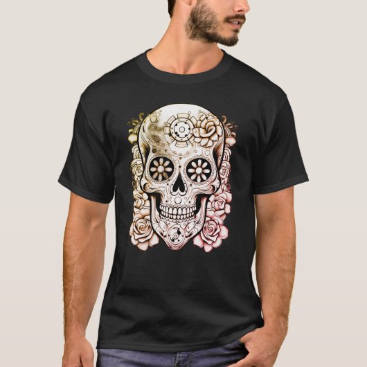 Brown On Front Green On Back Steampunk Skull Black Tシャツ (正面)