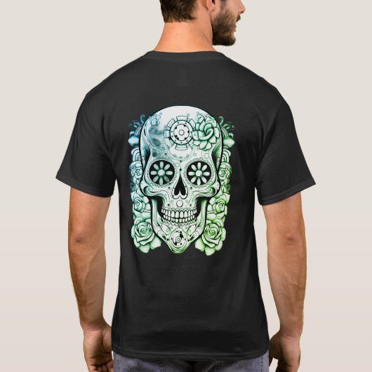 Brown On Front Green On Back Steampunk Skull Black Tシャツ (裏面)
