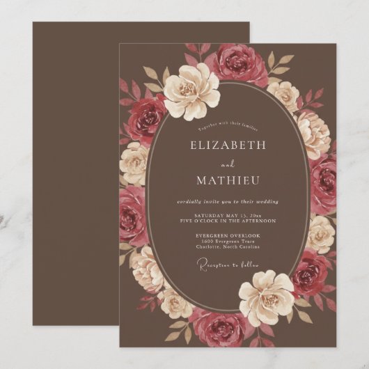 Brown Opulent Blossom Wedding 招待状 (正面/裏面)