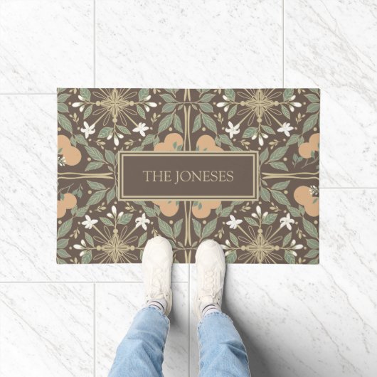 Brown Orange Blossoms Pattern and Custom Text ドアマット (室内)