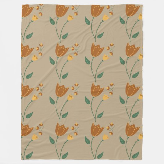 Brown orange floral pattern フリースブランケット (正面)