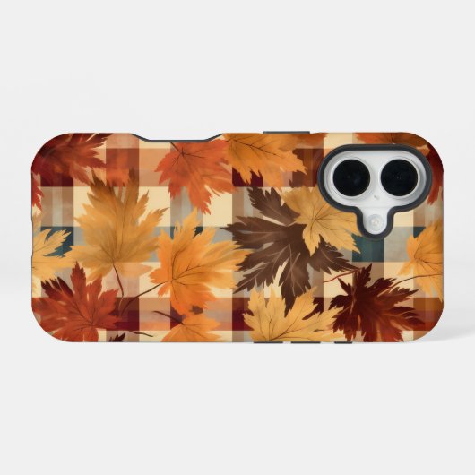 BROWN ORANGE YELLOW FALL PLAID PATTERN & LEAVES iPhone 16ケース (裏面横)