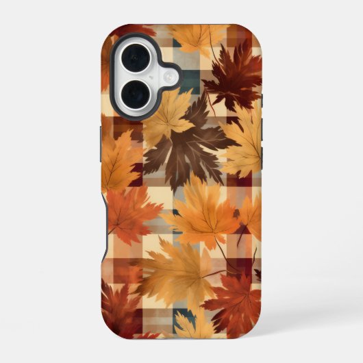 BROWN ORANGE YELLOW FALL PLAID PATTERN & LEAVES iPhone 16ケース (裏面)