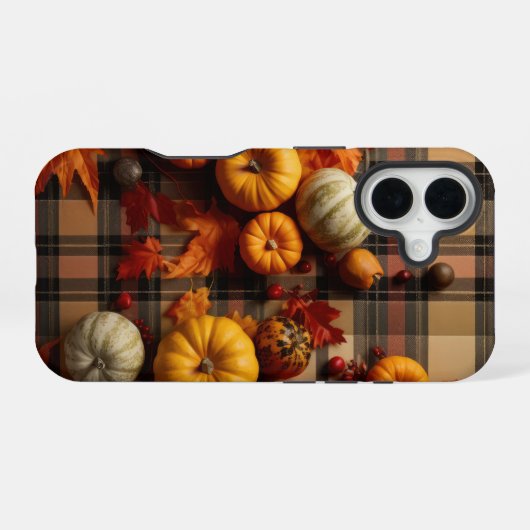 BROWN ORANGE YELLOW FALL PLAID PATTERN & PUMPKINS iPhone 16ケース (裏面横)